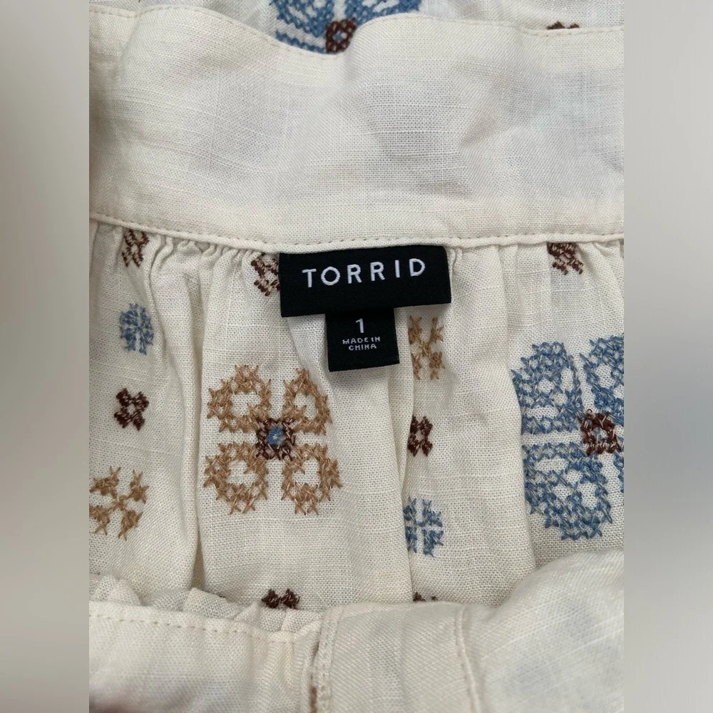 Torrid Linen Blend Embroidered Square Neck Flutter Short Sleeve Top Size 1 - Picture 10 of 11